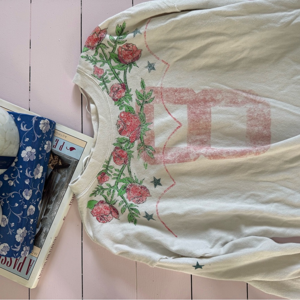 We The Free Red and White Long Sleeve Tee with Floral Embroidery